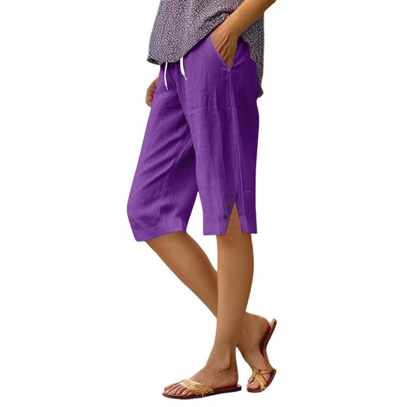 Resicozy Capri Pants for Women 2026 Knee Length Cotton Linen Capris Summer Straight Leg Loose Beach Bermuda Shorts with Pockets Purple XL