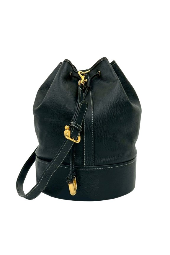 Pre-Owned LOEWE Vintage Anagram Embossed Leather Drawstring Shoulder/Crossbody Bag, Navy, 38013
