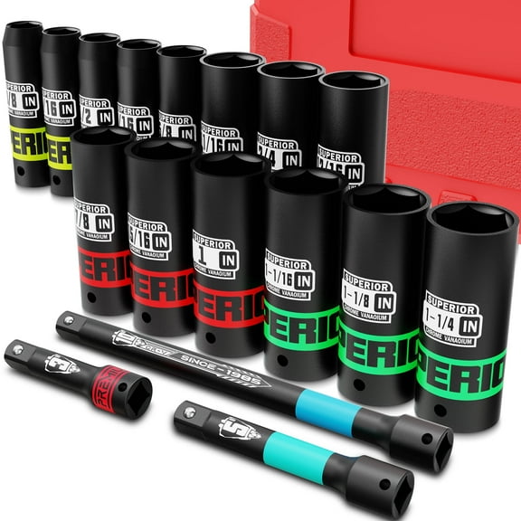 17 Piece 1/2” Drive Deep Impact Socket Set, 3/8" to 1-1/4", Include 3", 5", 10" Extension Bars