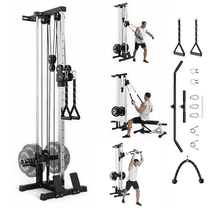 JoanKaren Wall Mount Cable Station,Dual Pulley Crossover System with 19 Height Adjustments,Tricep Rope,T-Bar,Lat Pulldown Bar,Compact Home Gym Strength Trainer