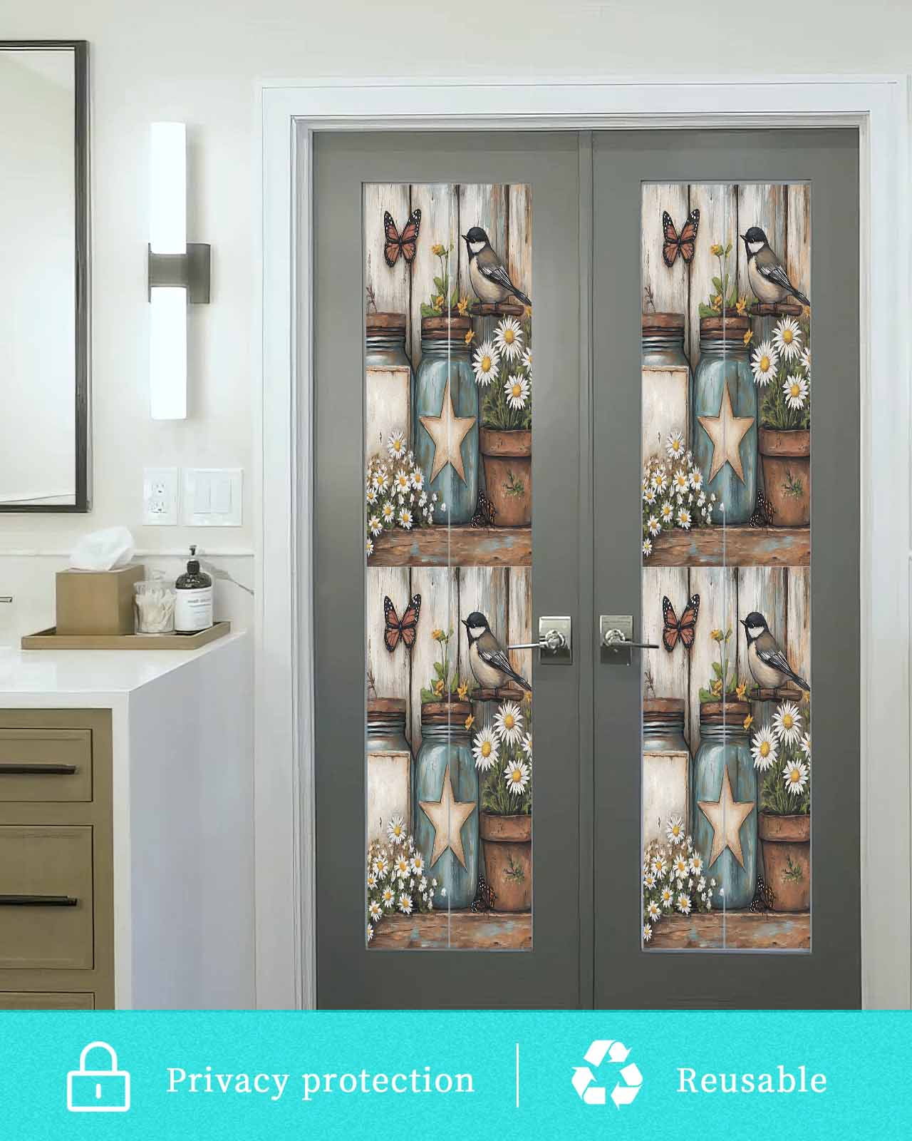 Window Privacy Film Country Flower Stained Glass Window Film Decorative Sun Block Window Cover Retro Western Texas Star Butterfly Bird Window Clings Static Adhesive Sticker for Bathroom 17.7"x78.7"