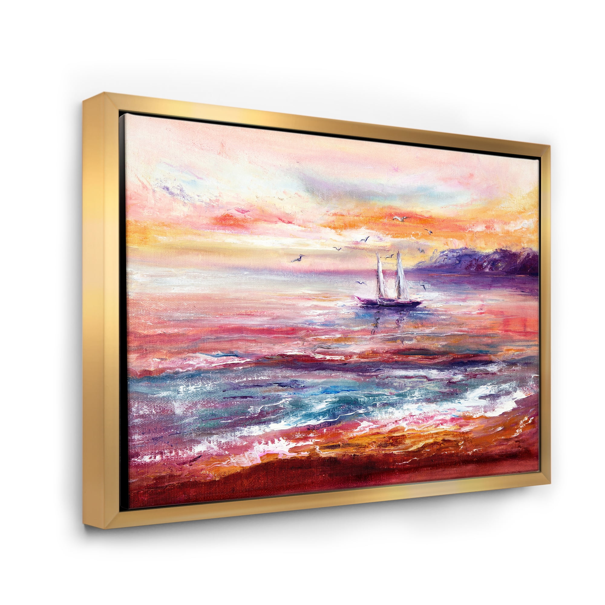 Designart 'Boat On The Ocean During VIbrant Sunset Glow' Nautical & Coastal Framed Canvas Wall Art Print