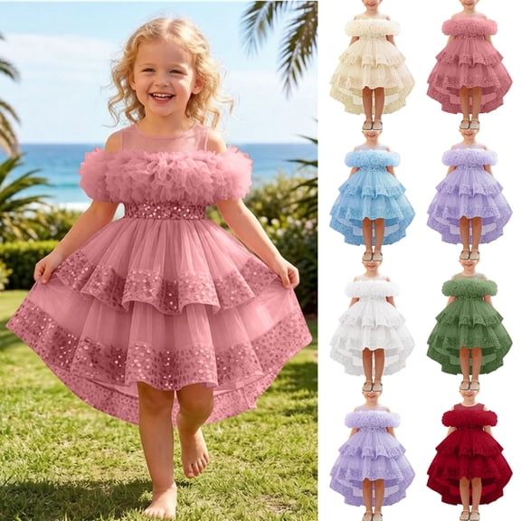 Flower Girls Dress Tulle Spaghetti Strap Pearl Belt Ruffle Hem Xmas Party Formal Pink 2-3Years