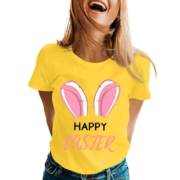 Alun Happy Easter T Shirts for Women Cute Bunny Ears Graphic Tees Casual Short Sleeve Crewneck Top for Easter's Day Outfit 2026 Spring Summer Workout T-Shirt Yellow XL