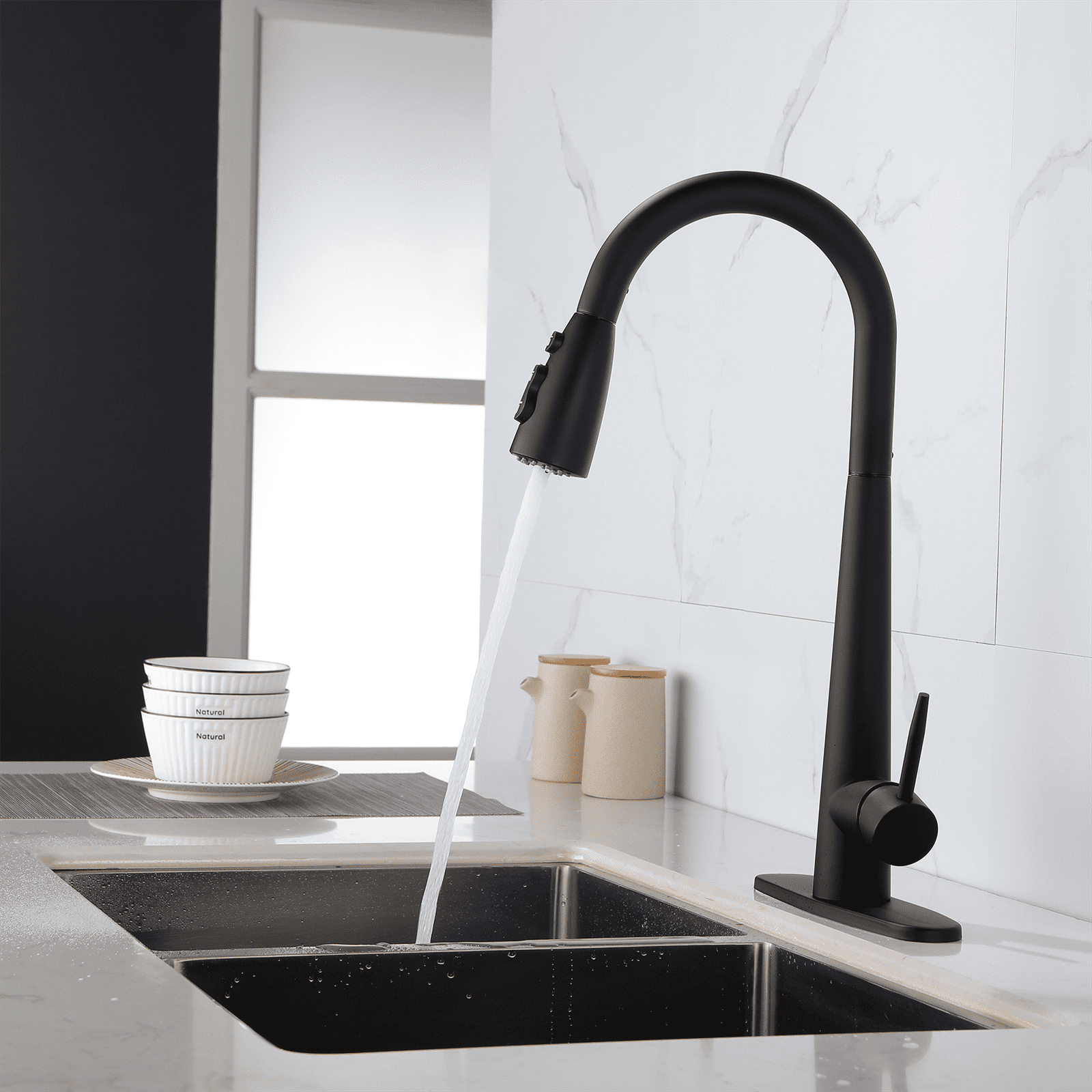 Single Handle Pull-Down Kitchen Faucet with Sprayer, Brushed Nickel, Fingerprint Resistant, Lead-Free, 1 or 3-Hole Deck Mount, Easy DIY Installation