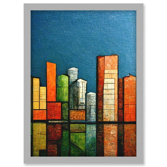 Abstract Modern Cityscape Reflections Orange Blue Yellow Artwork Framed Wall Art Print A4