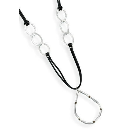 Jewelryweb Sterling Silver 16 InchBlack Leather Necklace With Hammered Links and Smoky Quartz