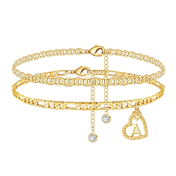 TINGN Ankle Bracelets for Women 14K Gold Plated Dainty Initial Anklets Layered Figaro Chain Heart Anklet Set Foot Jewelry Summer Gifts for Women
