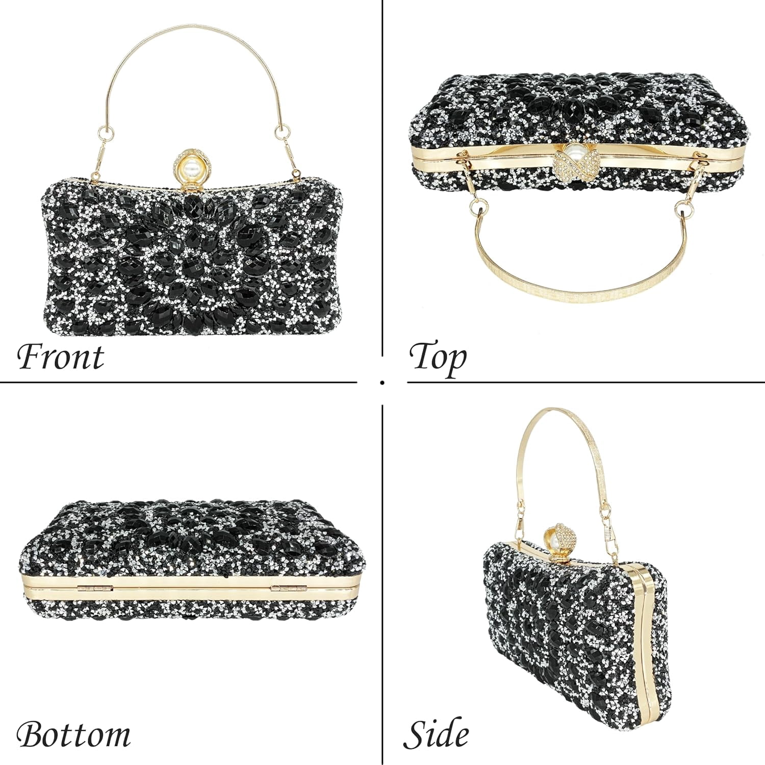 Kwuty Rhinestone Clutch Purses for Women Evening Wedding Formal - Round Pearl Clasp Handbag - Crystal Diamond Bag