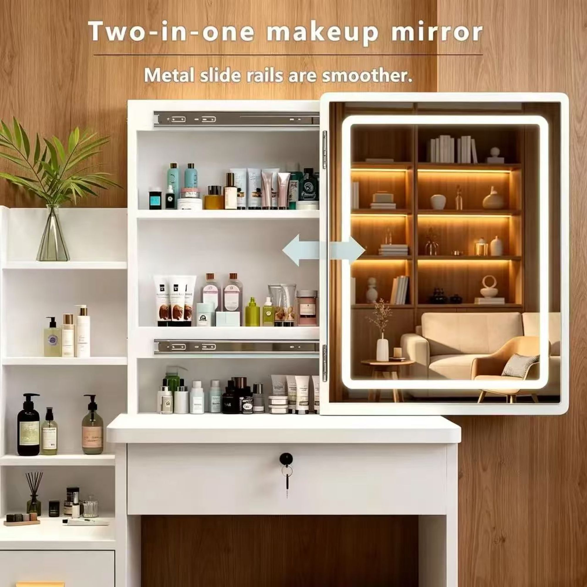 HOQBN Modern White Vanity Set with Mirror & Lights,Bedroom Makeup Table with Storage & Cushioned Stool,Dressing Table for Bedroom