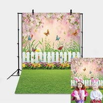 5x7FT Spring Easter Backdrop Easter Garden Background Green Grass Lawn Floral Butterfly Fence Easter Photo Booth Props