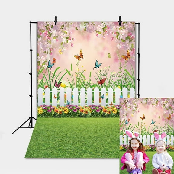 5x7FT Spring Easter Backdrop Spring Backdrop Easter Garden Background Green Grass Lawn Floral Butterfly Fence Easter Photo Booth Props