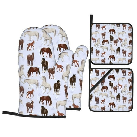

Oven Mitts and Pot Holders 4 pcs Set Cartoon Cute Funny Horse Heat Resistant Silicone Oven Mitts Pot Holders for Kitchen Baking Cooking Non-Slip Oven Gloves Hot Pads Potholders