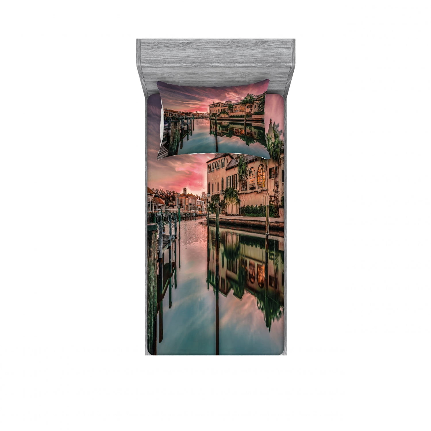 Cityscape Bedding Set with Sheet & Covers, Colorful Sunrise over