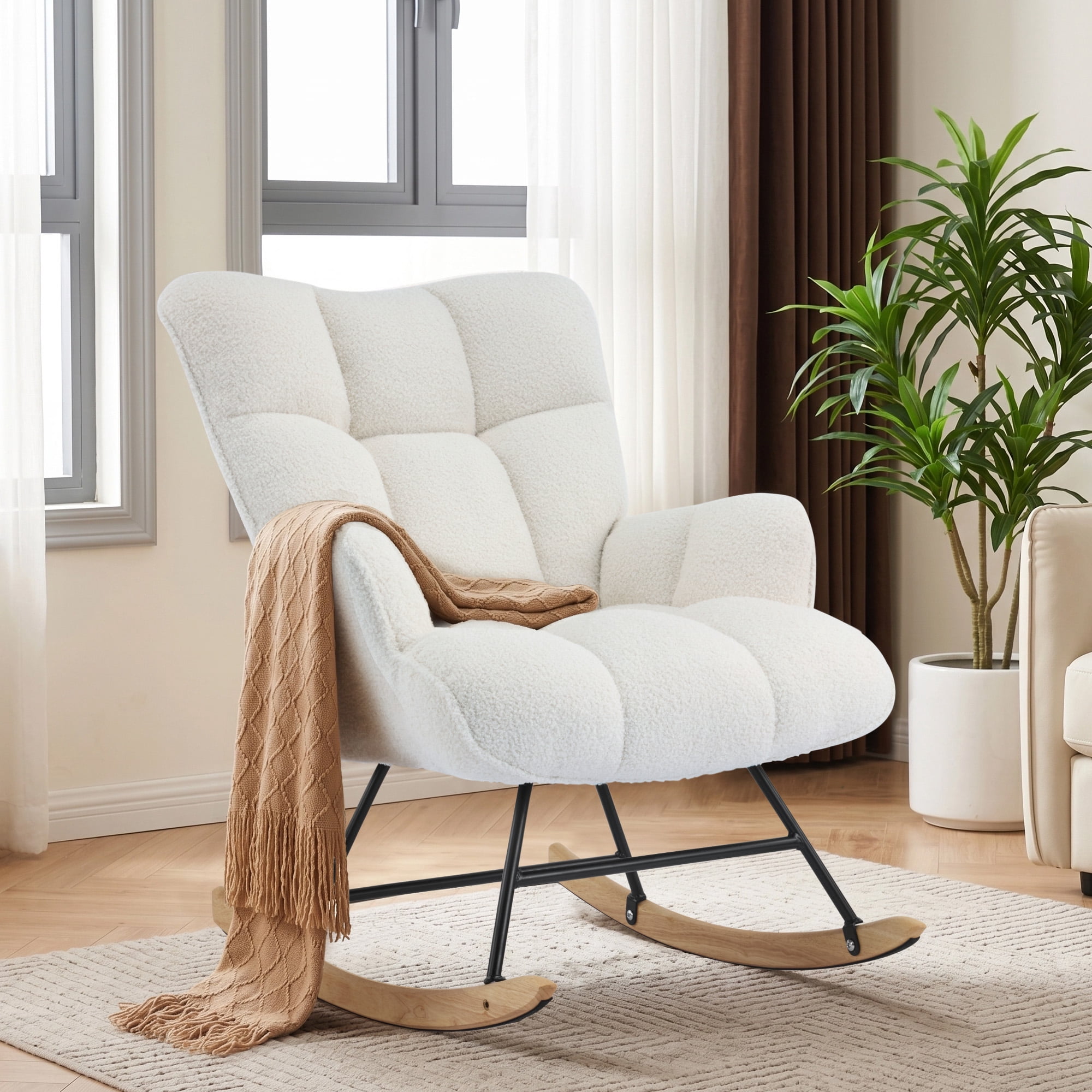 AUNEKIV Nursery Rocking Chair, Teddy Accent Armchair with High Backrest, Upholstered Glider Rocker for Living Room, Bedrooms, Playroom, White