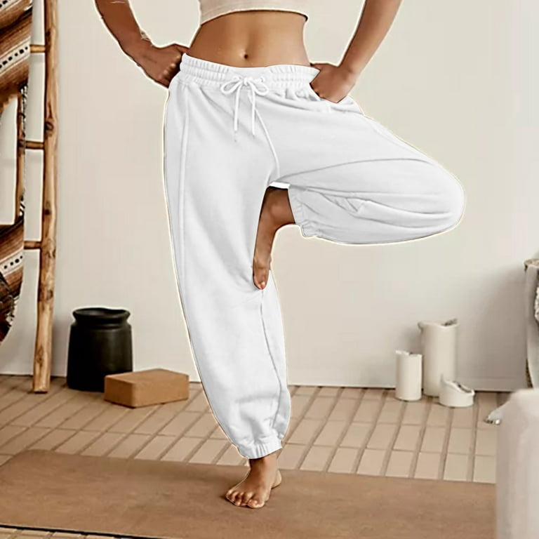 Womens Wide Leg Sweatpants Elastic Waist Pockets Cinch Bottom Loose Casual  Jogging Yoga Workout Sweat Pants (X-Large, White)