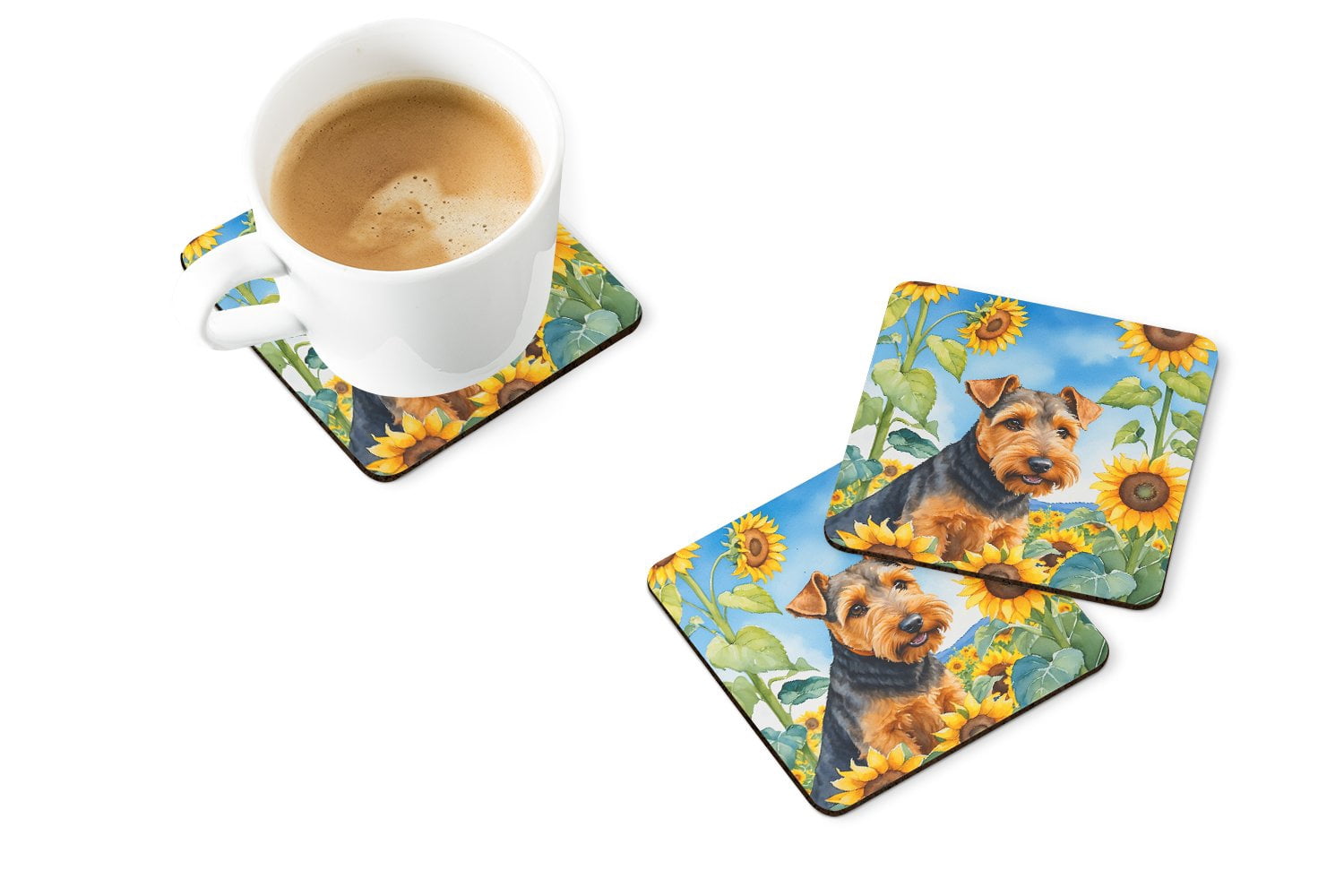 Welsh Terrier in Sunflowers Foam Coasters 3.5 in x 3.5 in