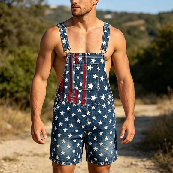 FASHOFT 4th of July Overalls for Men Shorts Romper Festival Jumpsuits Work Bibs Coveralls Gifts Navy L