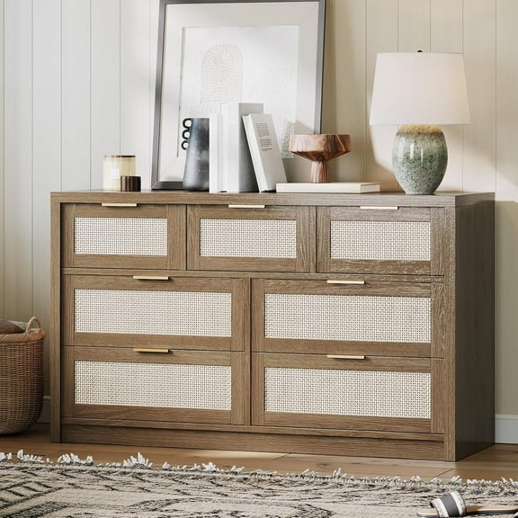 Acekid 7 Drawer Dresser 52" Wide, Rattan Dresser, Modern Chest of Drawers with Metal Handle, Wood Closet Storage Organizer