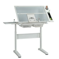 Yesfashion Drawing Desk with Stool,Hand Crank Adjustable Drafting Table with 2 Metal Drawers,Tiltable Tabletop Art Craft Work Station for Painting Writing