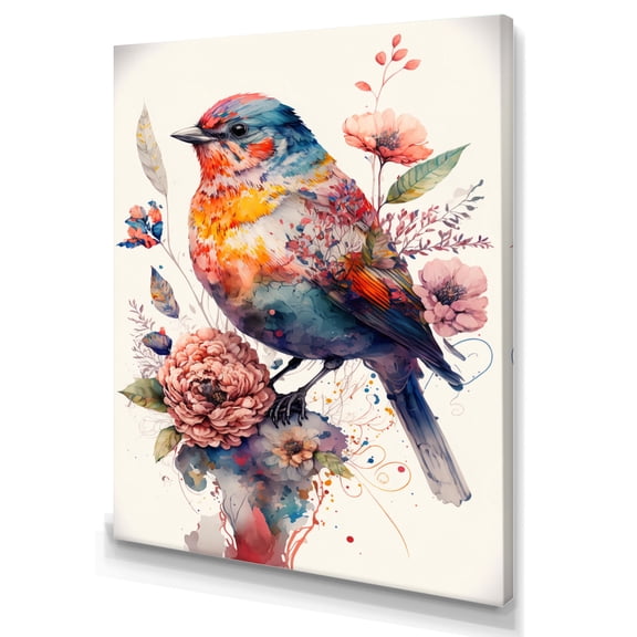 Designart Cute Bird Floral Art Canvas Wall Art