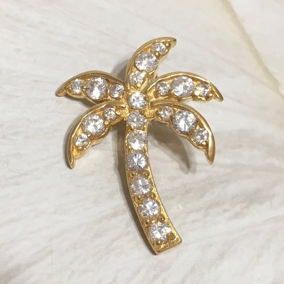 Beautiful Hawaiian Large Palm Tree Necklace, Sterling Silver Yellow-Gold Plated Palm Tree CZ Pendant, N6059 Birthday Mom Wife Valentine Gift