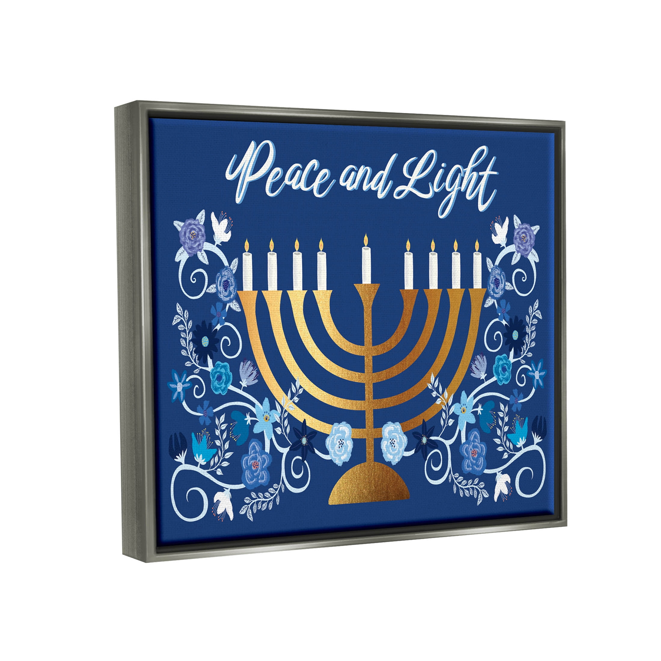 Peace & Light Floral Hanukkah Menorah Holiday Graphic Art Luster Gray Framed Art Print Wall Art