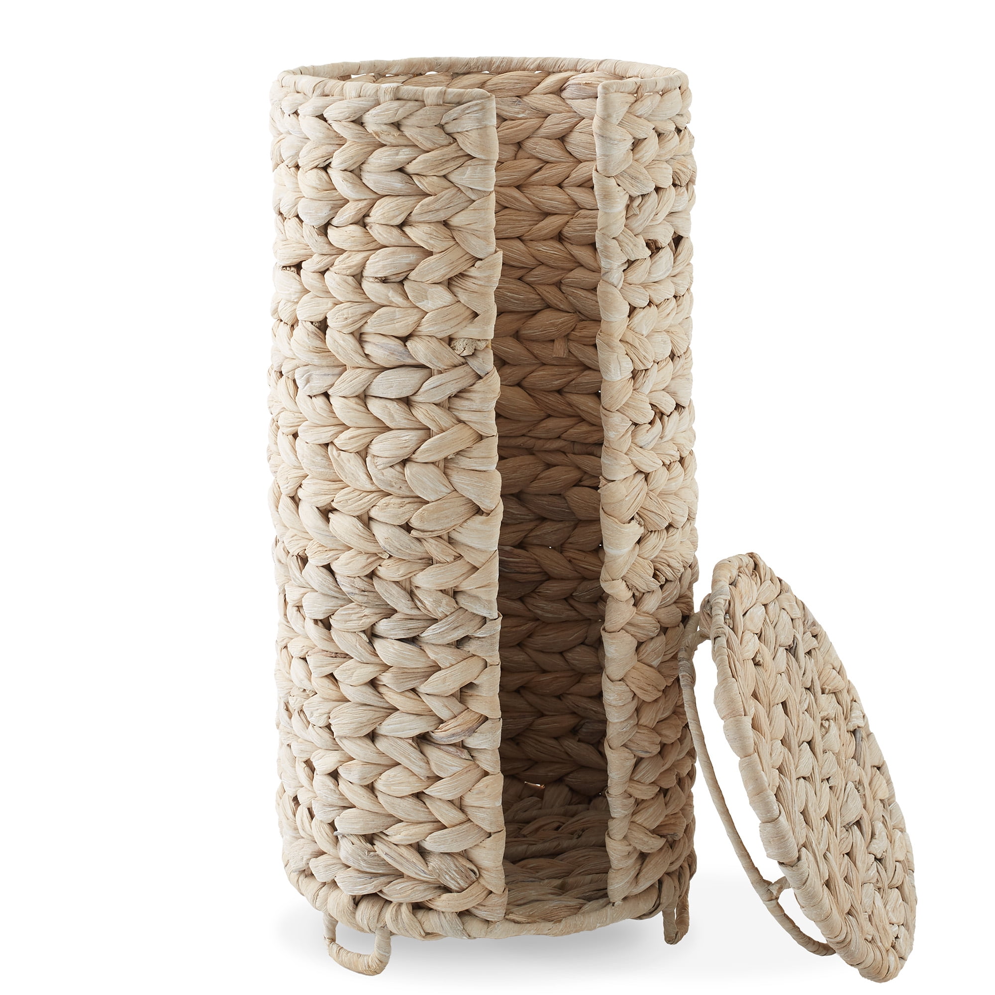 Casafield Toilet Paper Roll Holder with Lid - Whitewash, Fits 3 Rolls, Free Standing Water Hyacinth Bath Tissue Storage Organizer for Bathroom