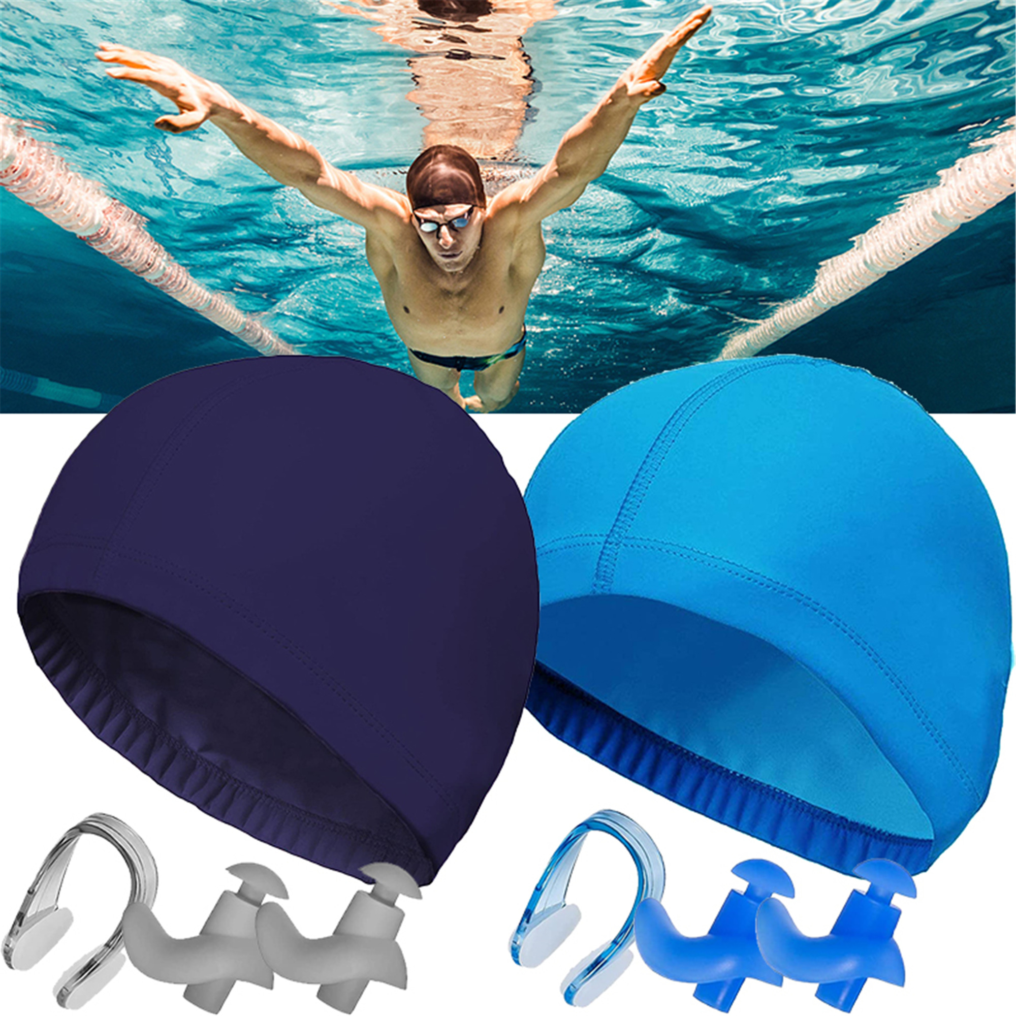4PCS Kids Swim Cap Ear Plugs Nose Clip, Elbourn Elastic Fabric Swimming
