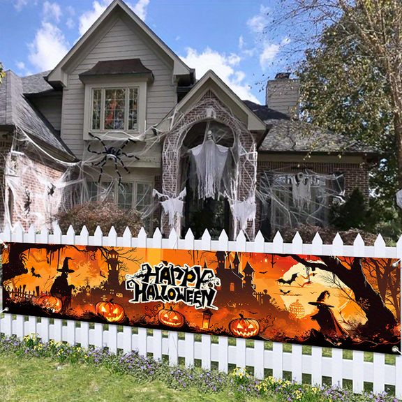 1 2D flat design multi-purpose wall banner, Halloween-themed pumpkin ghost pattern, perfect for garden, house, fence, garage decoration, wall decoration, courtyard sign, party decoration, home decora
