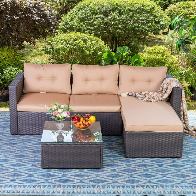 Sophia & William 3Pcs Outdoor Patio Wicker Rattan Sectional Sofa Set - Beige
