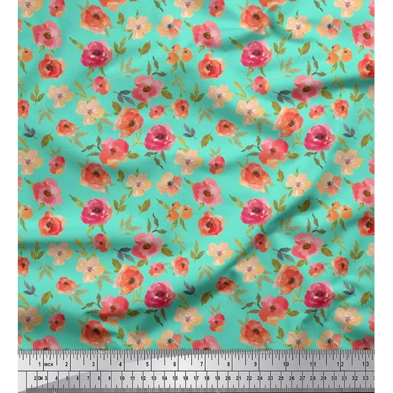 Soimoi Green Rayon Fabric Leaves & Blooming Camellias Floral Print Fabric By Yard 58 Inch Wide