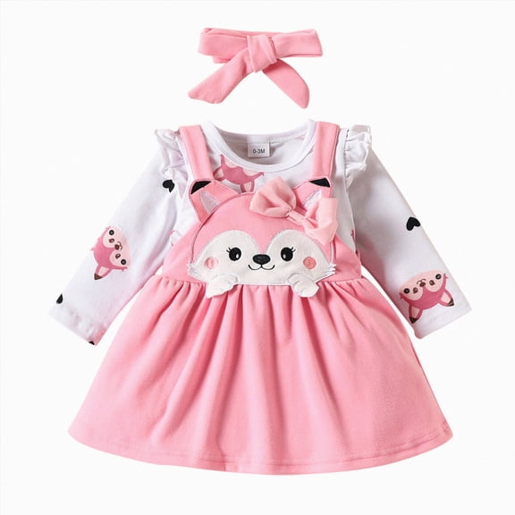 Splozh Baby Girl Gift Clothes Girls Fashion Infant Toddler Girls Long Sleeve Cartoon Print Romper Bodysuits Suspenders Skirts Bow Tie Headbands Outfits,RD2,6-9 Months