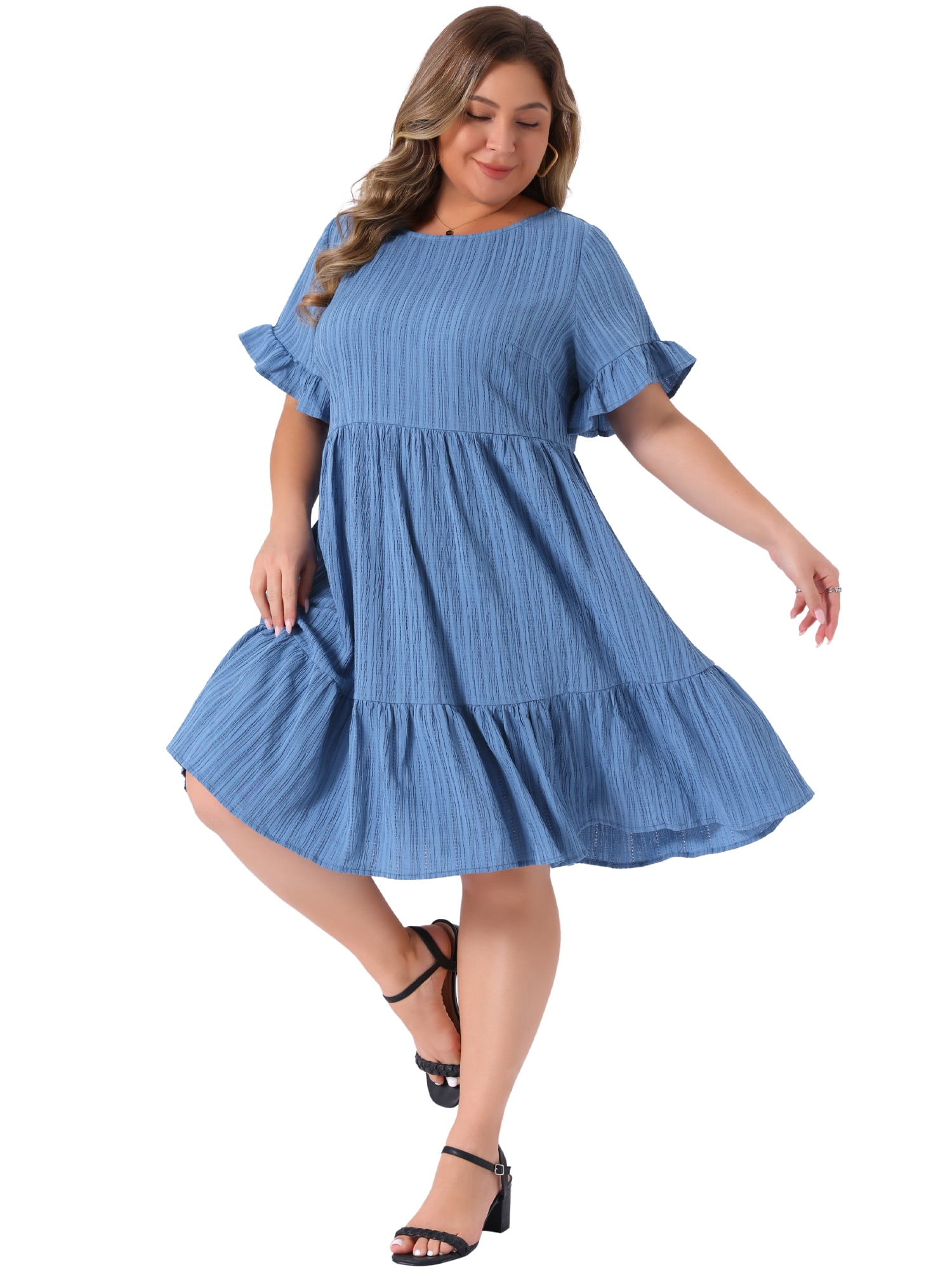 DARING DIVA Women's Plus Size Ruffle Short Sleeve A Line Midi Casual Dress 2X Gray Blue