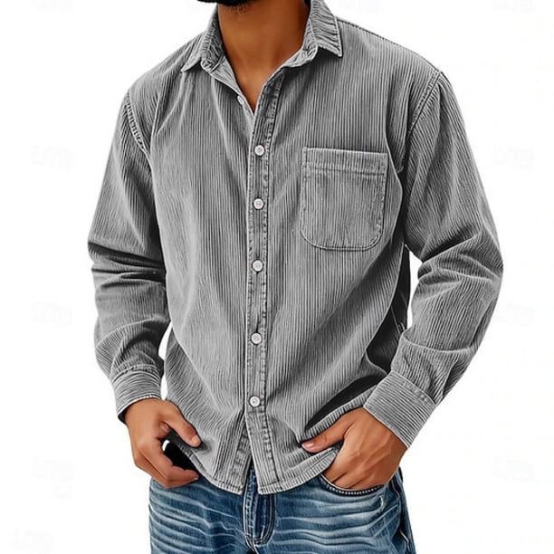 Camisa Casual de Manga Larga de Corduro de Ajuste Suelto para Hombres con Cuello Girable para el Uso Diario Y Trajes Elegantes