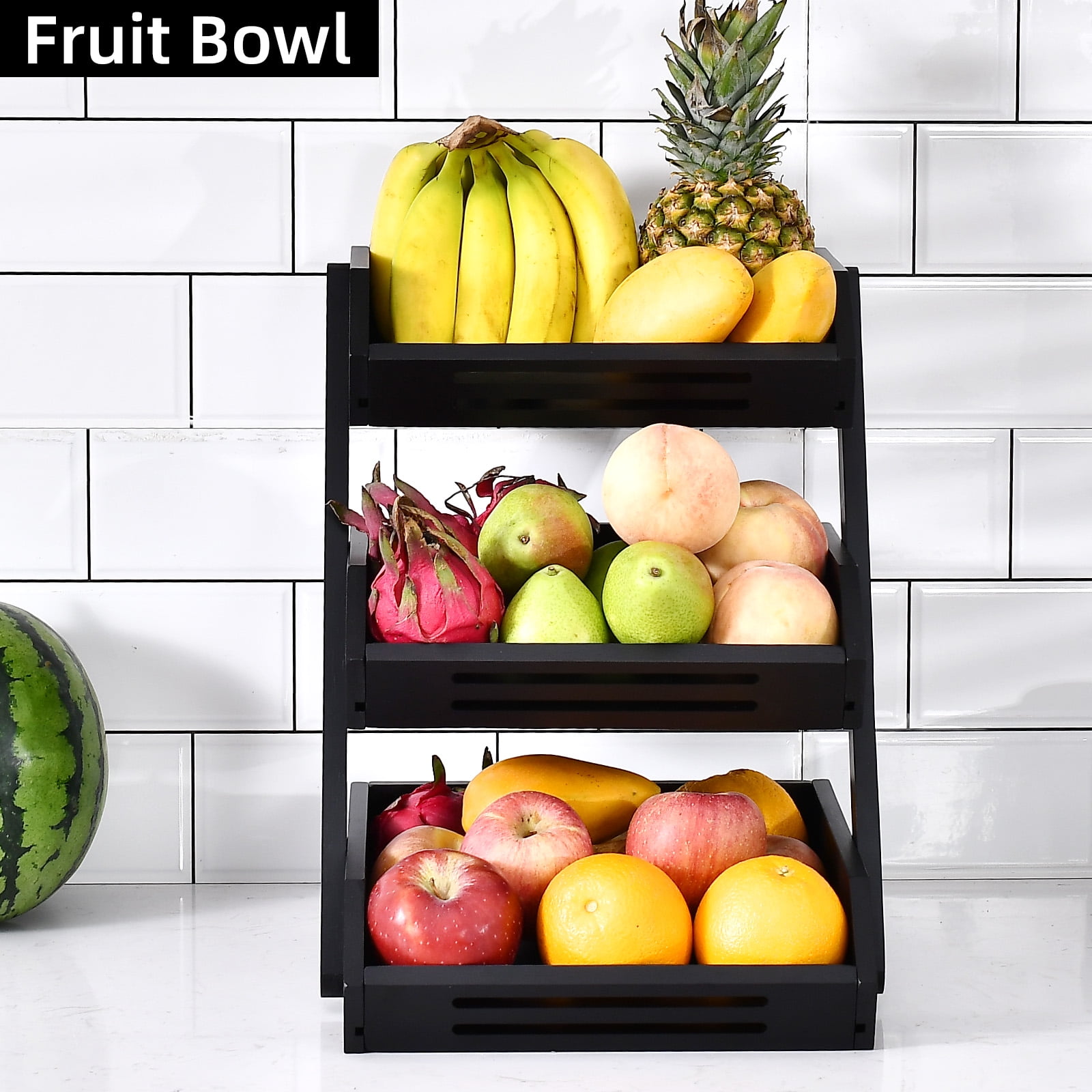 Fruit Basket, 3 Tier Bamboo Fruit Bowl for Kitchen Counter, Fruit Stand Storage Holder for Vegetables and Snack, 15 mm Thickness (Self-Assembly)