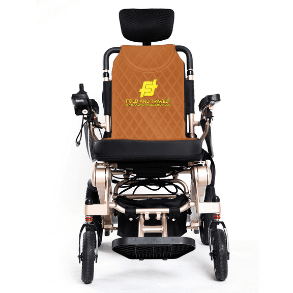 Fold And Travel Auto Recline Lightweight Foldable Electric Power Portable Wheelchair - Brown Seat, Gold Frame