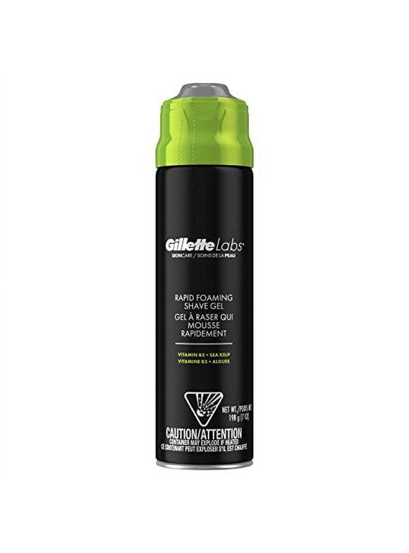 Gilette Labs Rapid Foaming .. Shave Gel for Men, .. Alcohol-Free, Dye-Free and Paraben-Free .. Shaving Gel with Vitamin .. B3 and Sea Kelp, .. Cools and Soothes Skin, .. 7 OZ