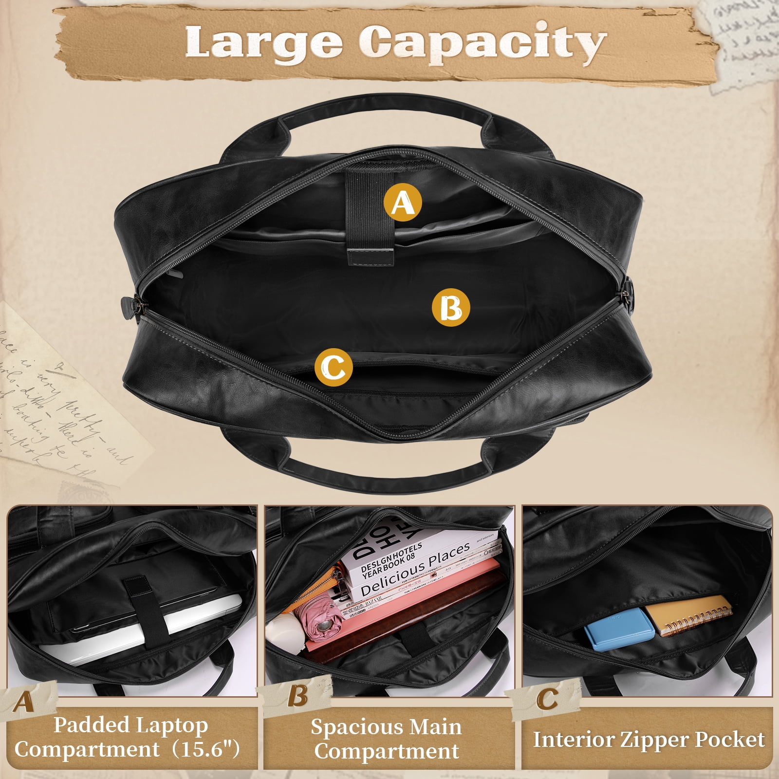 RAINSMORE Vintage Messenger Bag for Men PU Vegan Leather Computer Laptop Bag 15.6 Inch Waterproof Briefcases for Men Retro Mens Briefcase Satchel Bag for Work Office Business Travel,Black