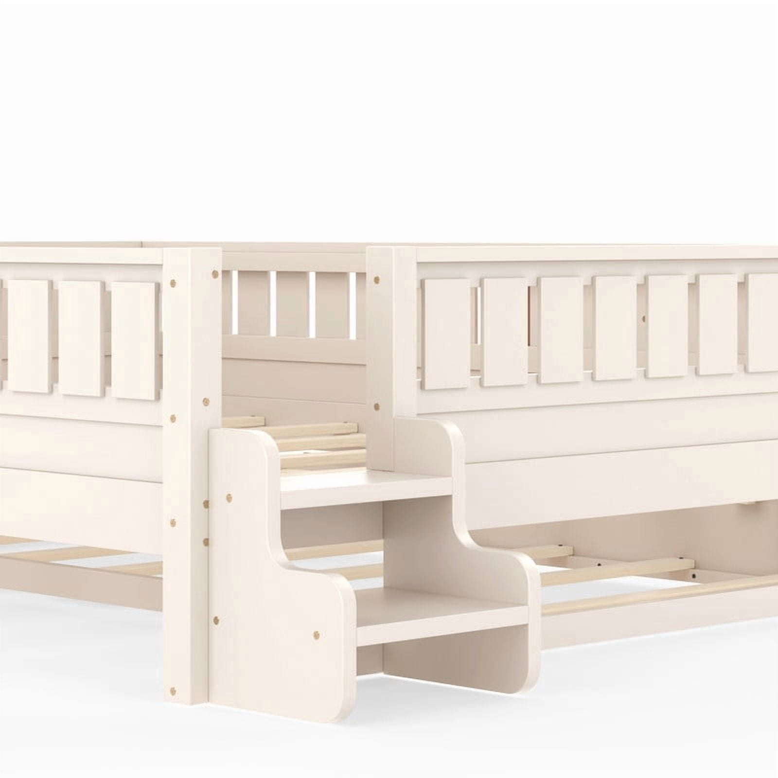 Queen Size Low-Profile Kid's Platform Bed with Built-in Bookshelves & Small Staircase, Wooden Bed Frame with Safety Rails & Trundle