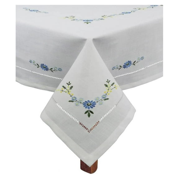 Hemstitched Embroidered Flower Tablecloth 70" Square Table Cover White Blue Spring Summer Table Linen