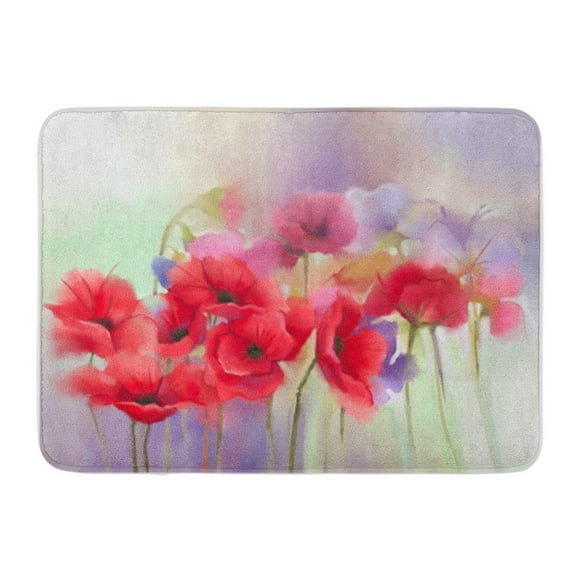 JSDART Aquarelle Rouge Coquelicot Fleurs Peinture Peinture en Couleur et Vert Flou Pourpre Paillasson Tapis de Sol Tapis de Bain 30x18 Pouces