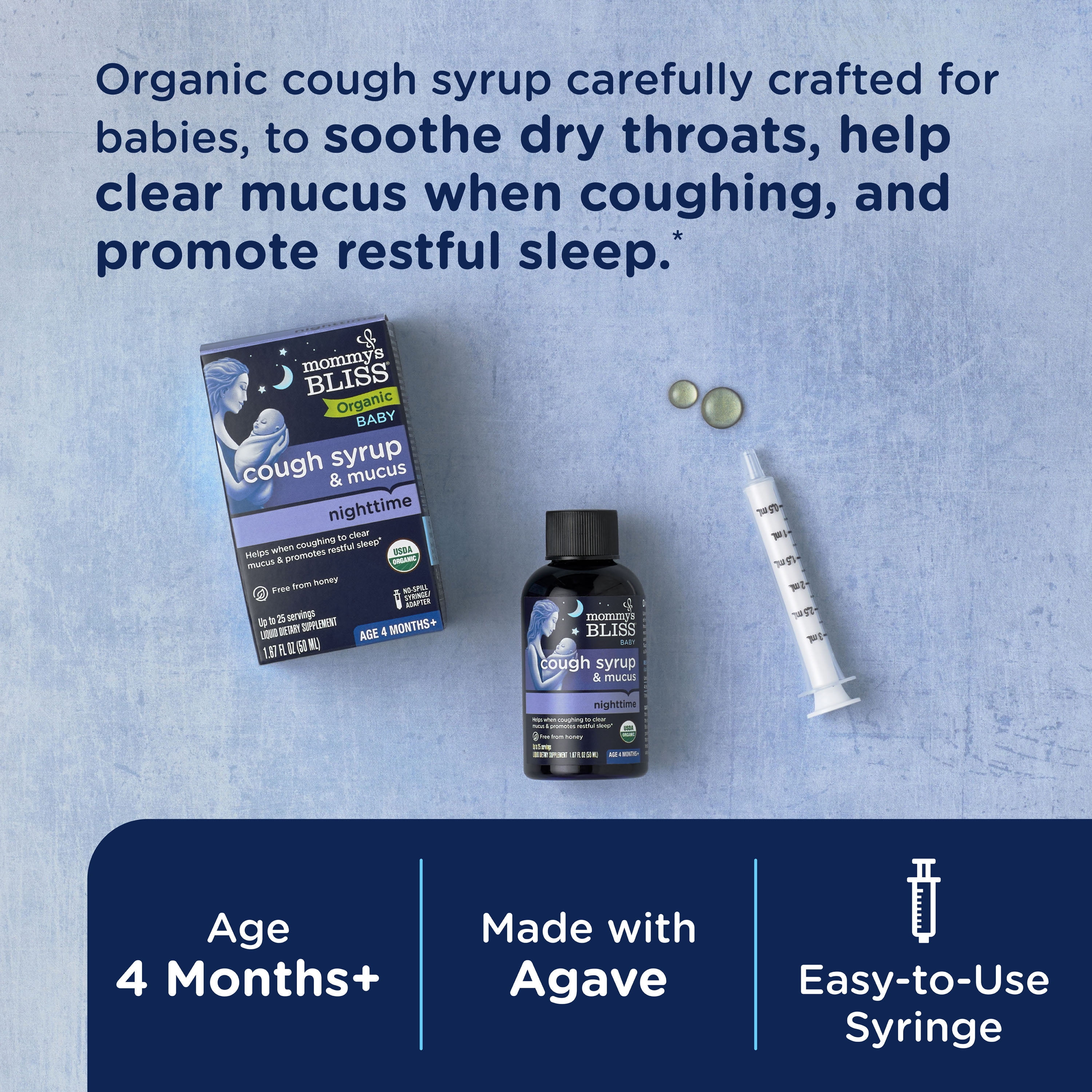 Mommy s Bliss Organic Cough Syrup, Mucus Relief, Night Time, 4 Months & Up, 1.67 fl oz