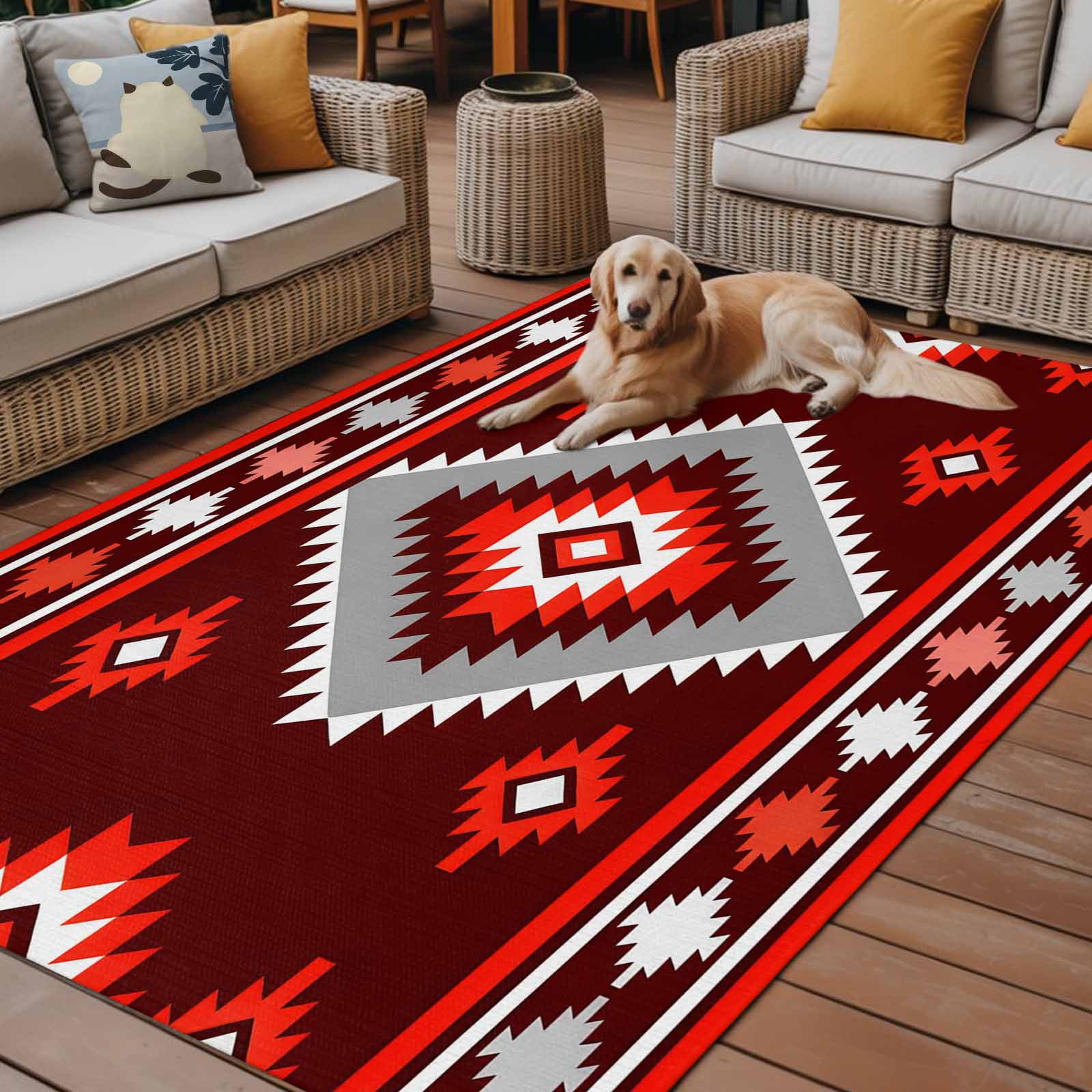Fsddascl Red Boho Outdoor Rug for Patio/Deck/Porch, Non-Slip Large Area Rug 4 x 6 Ft, Neutral Tribal Ethnic Abstract Geometric Motifs Indoor Outdoor Rugs Washable Area Rugs, Camping Rug Carpet Runner
