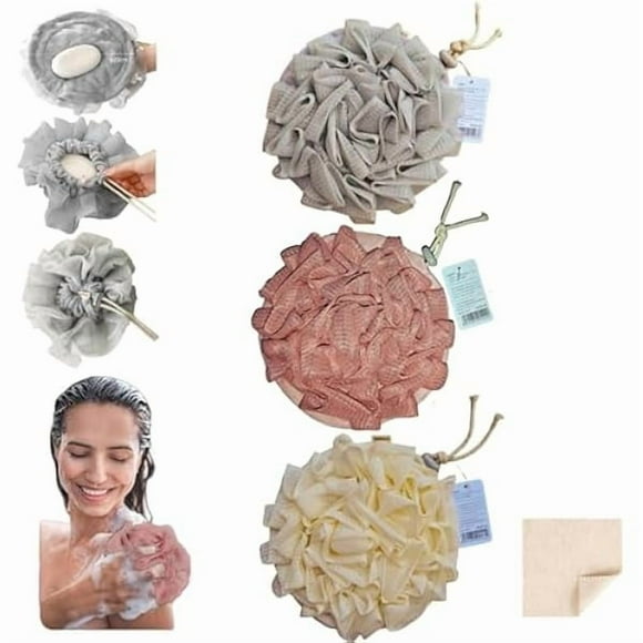 wonima11 Washcloth Loofah Combo 2-in-1 Loufee Wash Cloth That Holds Bar Soap-Exfoliation Mesh Shower Ball for Body Wash&Smooth Skin+Free Loofah Dish Towel