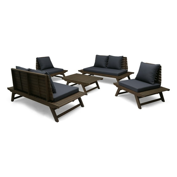 GDF Studio Bowie Outdoor Acacia Wood 6 Seater Chat Set with Cushions, Gray and Dark Gray