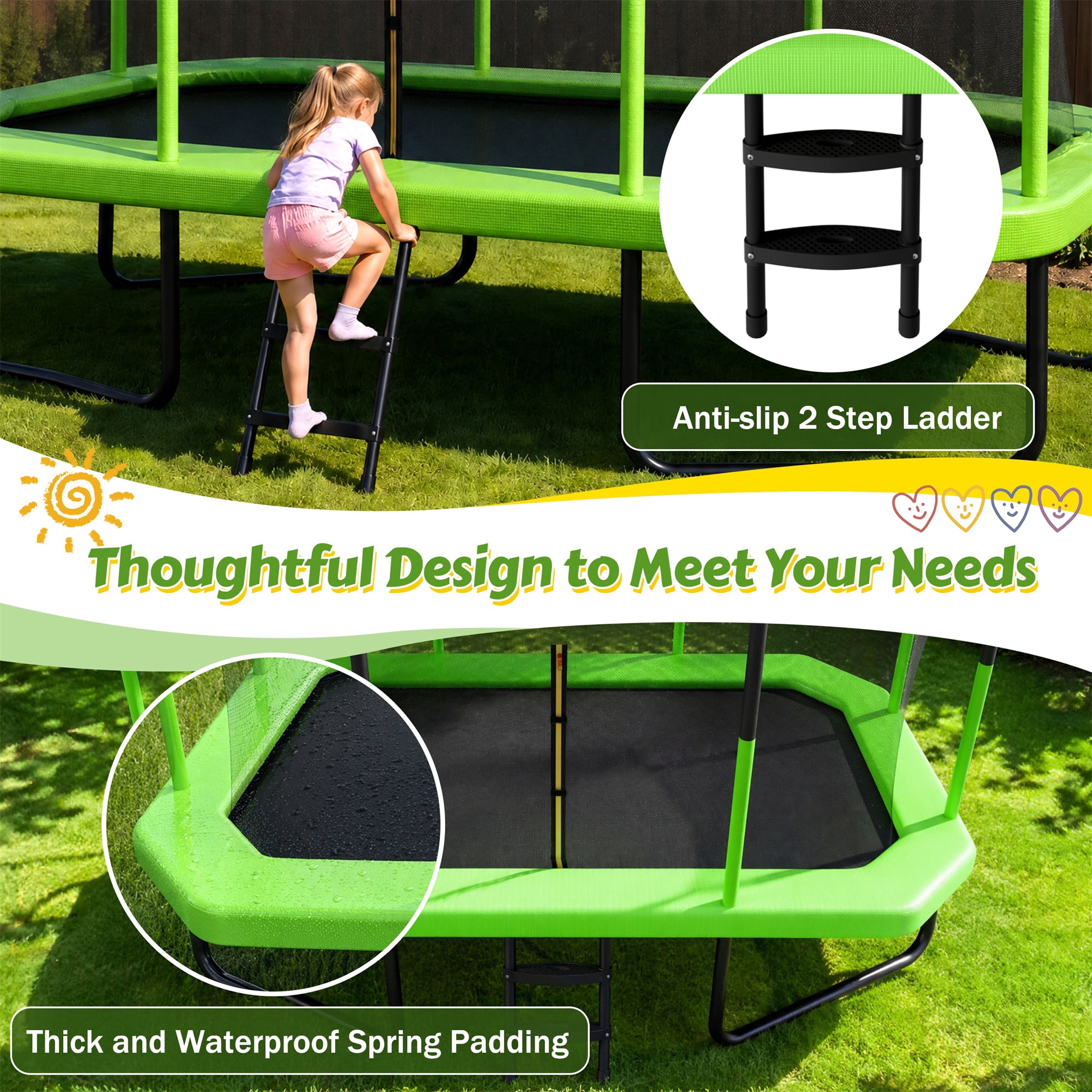 Alvantor 8x14 ft Rectangle Trampoline for Kids, Outdoor Trampolines with Enclosure Net for Gymnastics Green