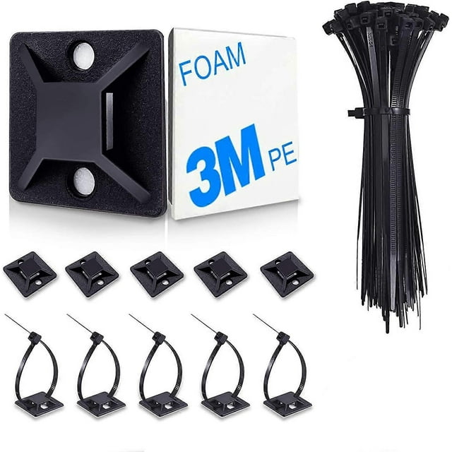 Paquete de 100 soportes para bridas con bridas, soportes autoadhesivos para sujetar cables, clips negros para gestión de cables y anclajes de pared.