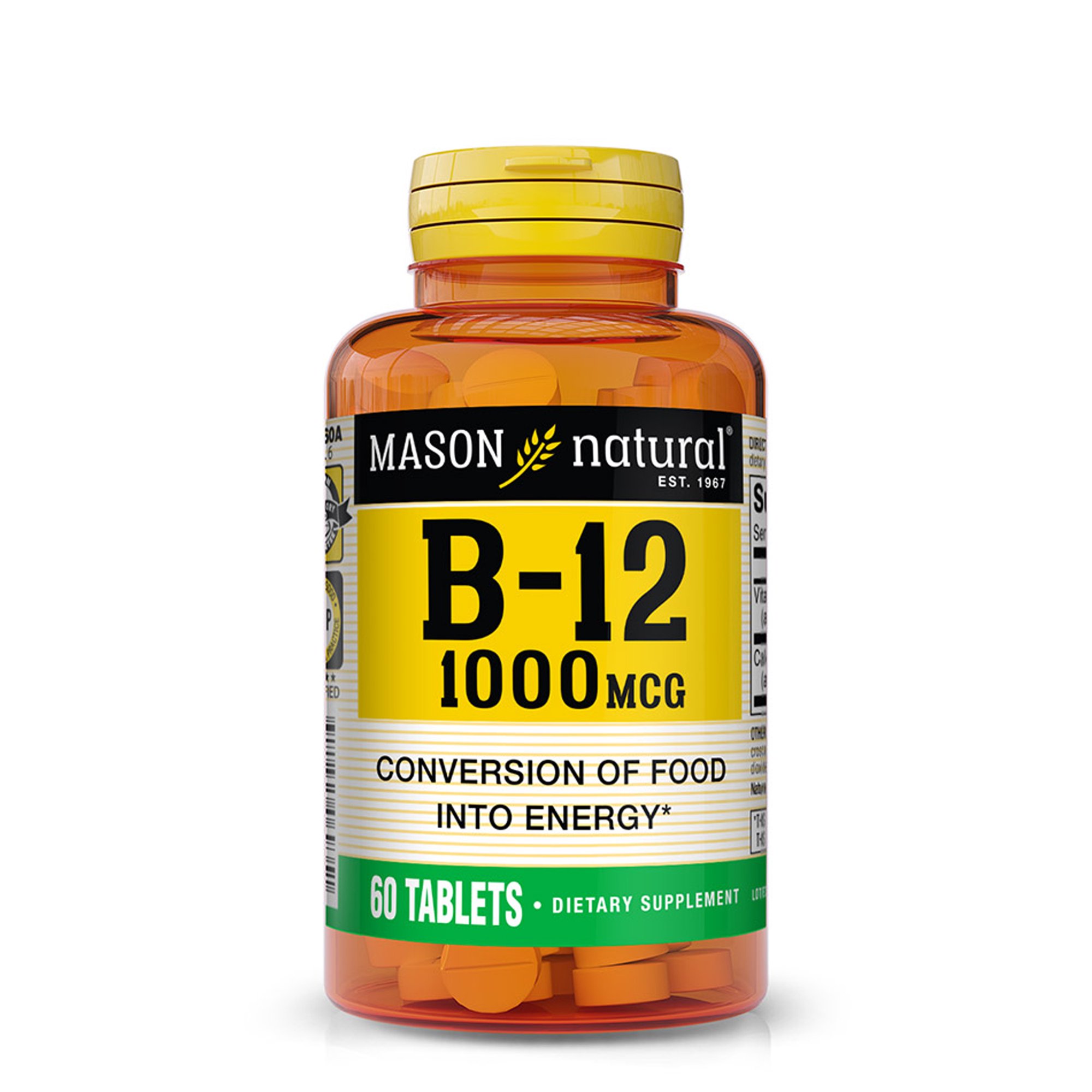 Mason Natural Vitamin B12 1000 mcg with Calcium - Healthy Conversion of Food into Energy, Supports Nerve Function and Health, 60 Tablets