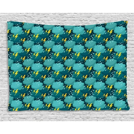 Blue And Yellow Tapestry Wet Autumn Weather Heavy Rainfall Deluge With Thunder Wall Hanging For Bedroom Living Room Dorm Decor 60w X 40l Inches